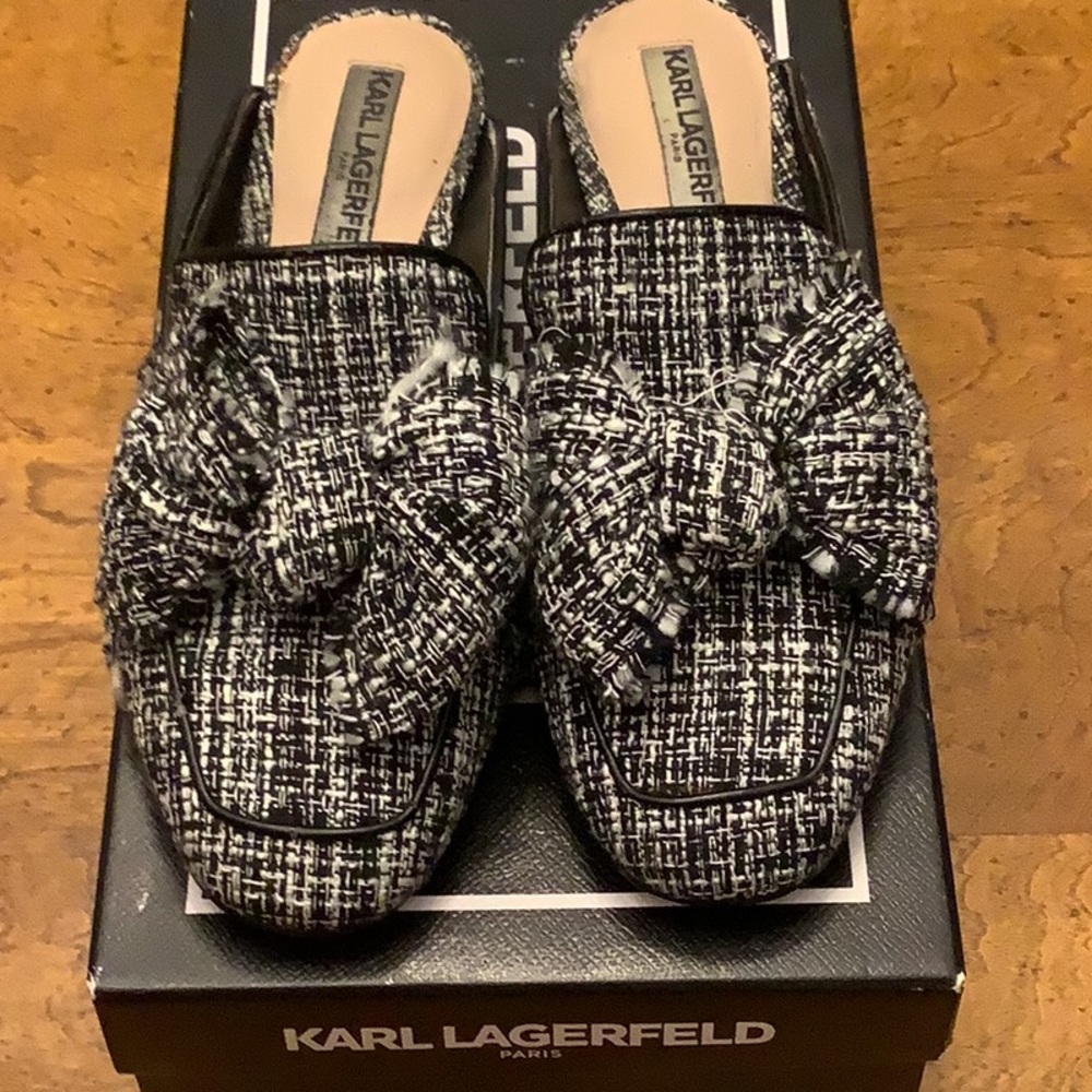 Karl Lagerfeld Black & White Tweed Bow Slip-On Loafers for Women